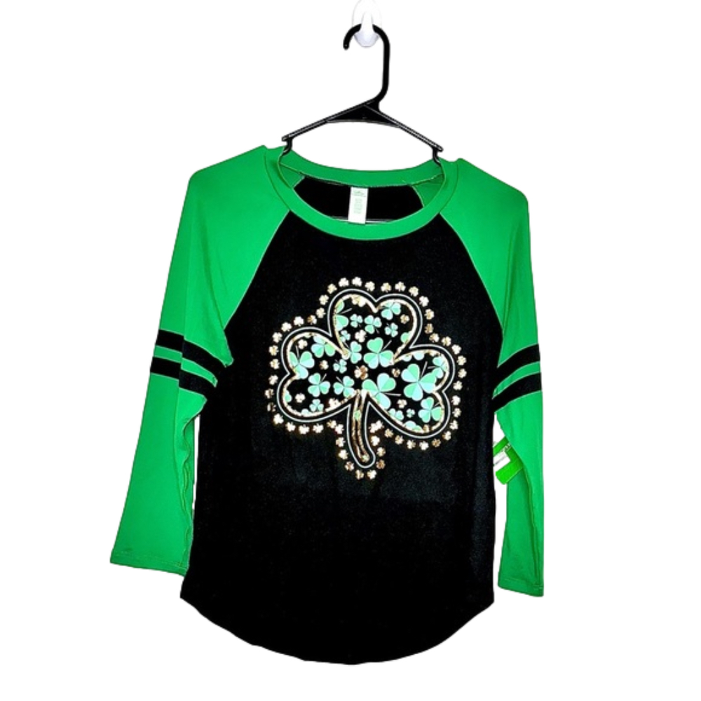 Celebrate Green & Black St. Patrick’s Day Raglan Sleeve Clover Shirt